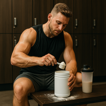 Man seated in gym locker room making a messy protein shake