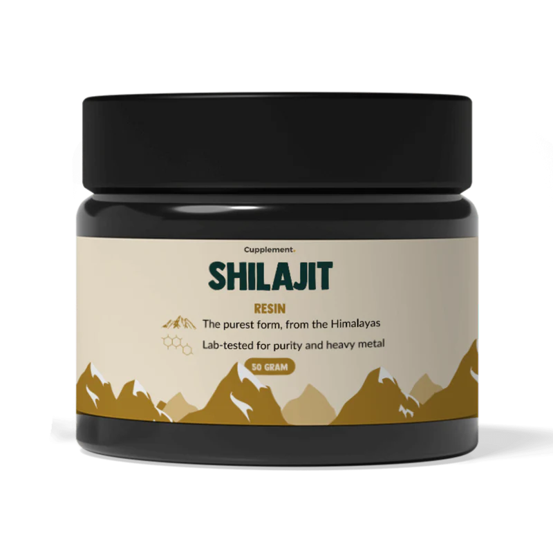 Jar of Shilajit resin supplement with label on a white background