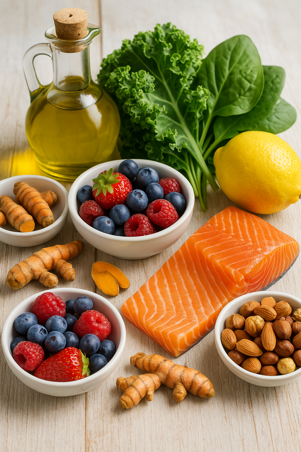 Alimentos antiinflamatorios sobre madera natural