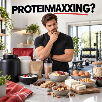 man surrounded by protein options