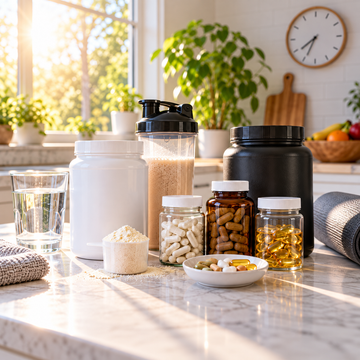 Various supplements on a kitchen counter