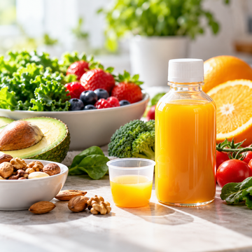 multivitamin surrounded by fresh fruit and vegetables
