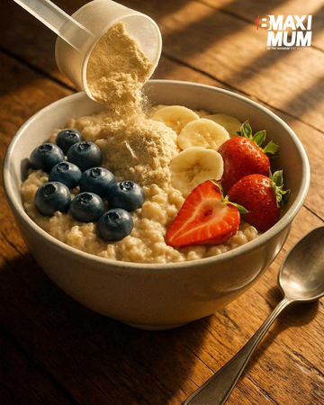 Oat meal with berries and fruit with a scoop of protein powder