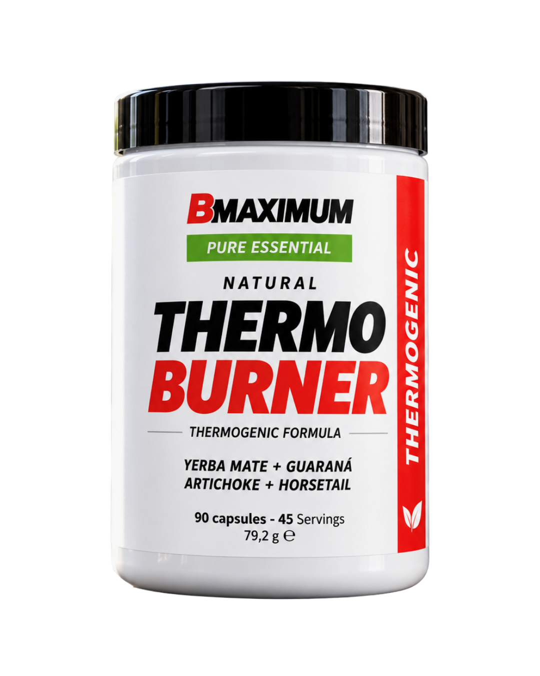 A white plastic supplement jar of BMaximum Pure Essential Natural Thermo Burner with a black lid, featuring red and green branding on a white background.