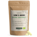 Lion's Mane organic supplements packaging with a single capsule on a white background