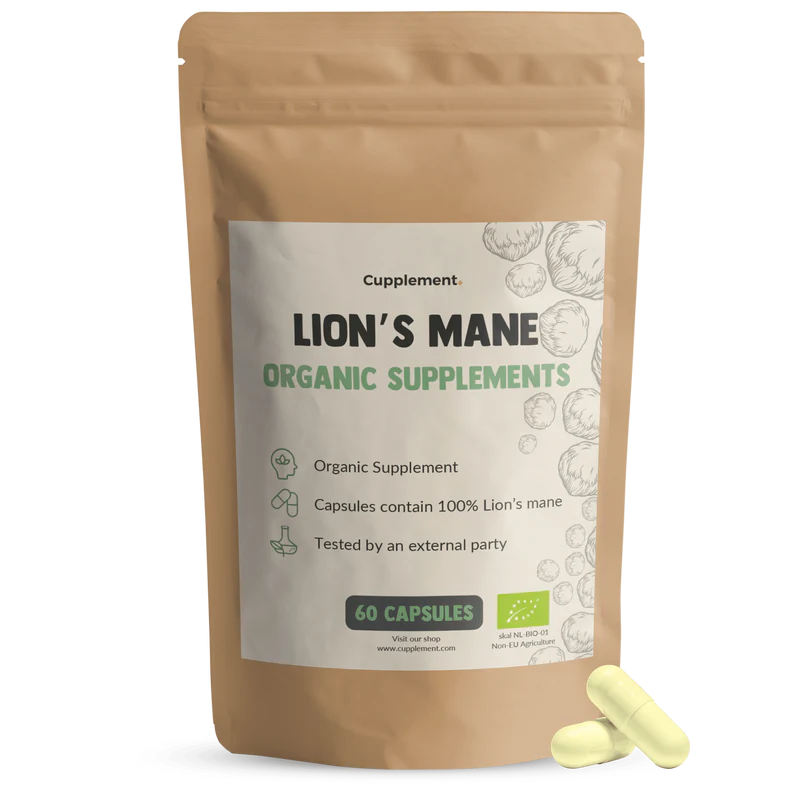 Lion's Mane organic supplements packaging with a single capsule on a white background