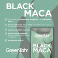 GreenTahr Black Maca supplement packaging with text on a green background