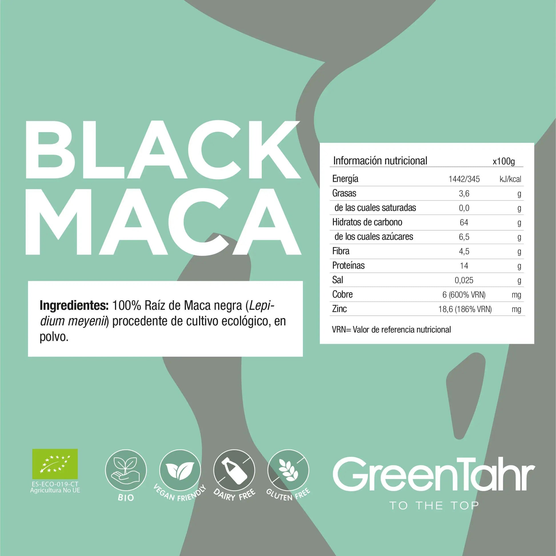 Black Maca product packaging with nutritional information and GreenTahr branding on a green background

Details