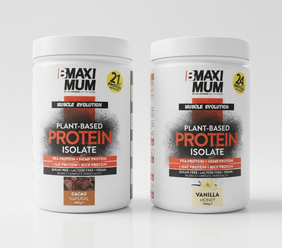 Two containers of B Maximum plant-based protein isolate on a white background