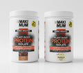 Two containers of B Maximum plant-based protein isolate on a white background