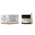 Shilajit supplement jar with packaging and wooden scoop on a white background