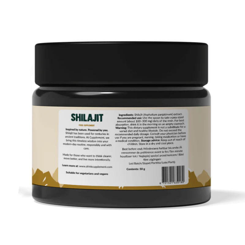 Shilajit jar with label on a white background