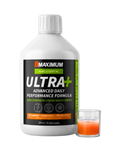 A 500 ml white bottle of BMAXIMUM Ultra+ Advanced Daily Performance Formula next to a small glass containing the orange-colored liquid supplement.