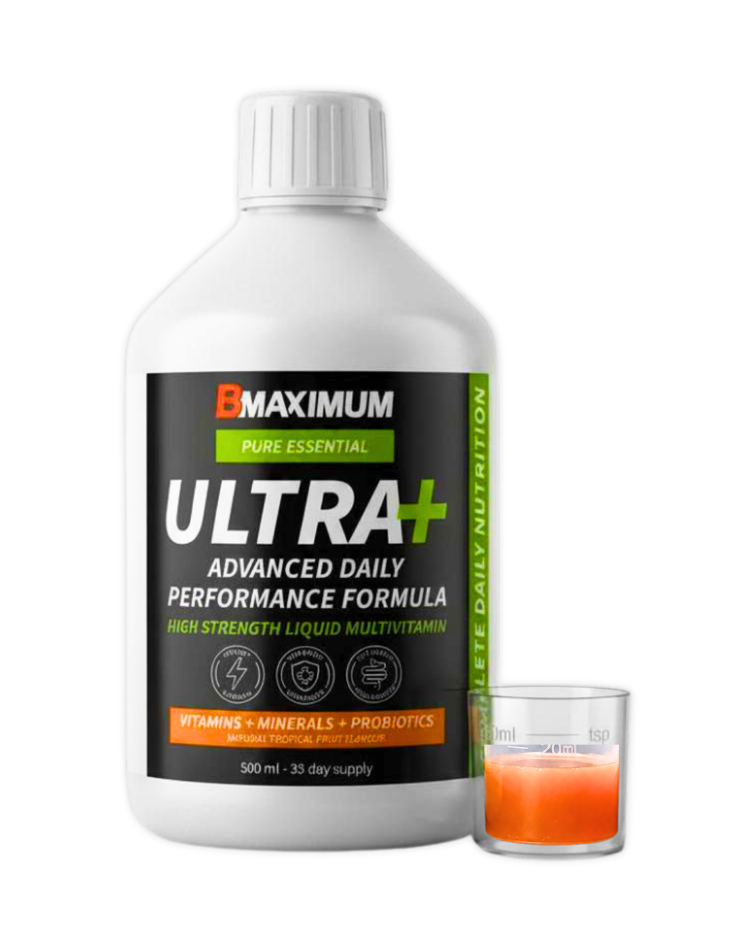 A 500 ml white bottle of BMAXIMUM Ultra+ Advanced Daily Performance Formula next to a small glass containing the orange-colored liquid supplement.