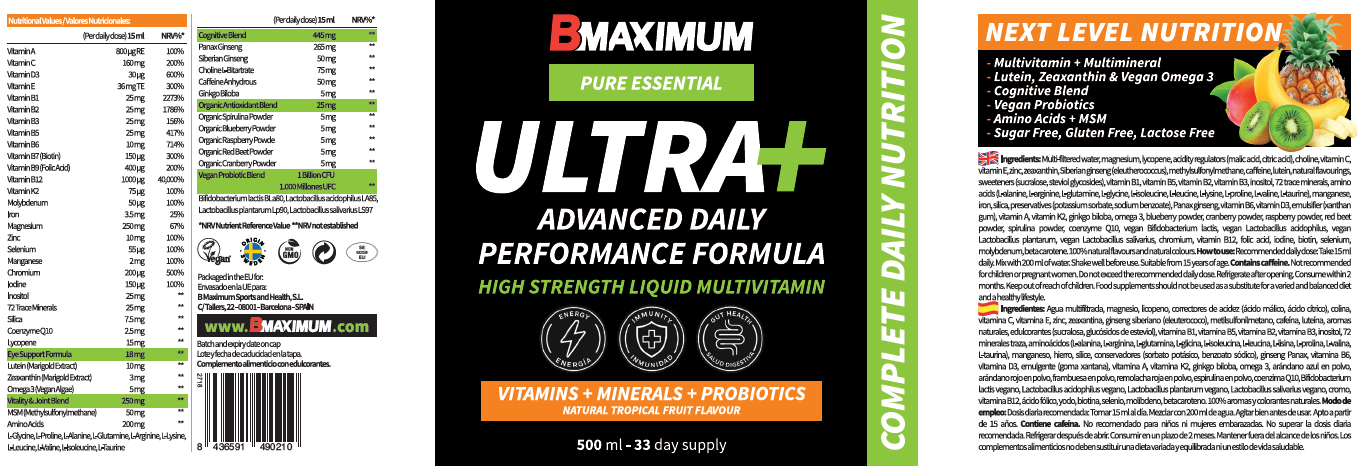 Front and back packaging of BMAXIMUM ULTRA+ Advanced Daily Performance Formula liquid multivitamin, showing the black and green label design, ingredients, and usage information.