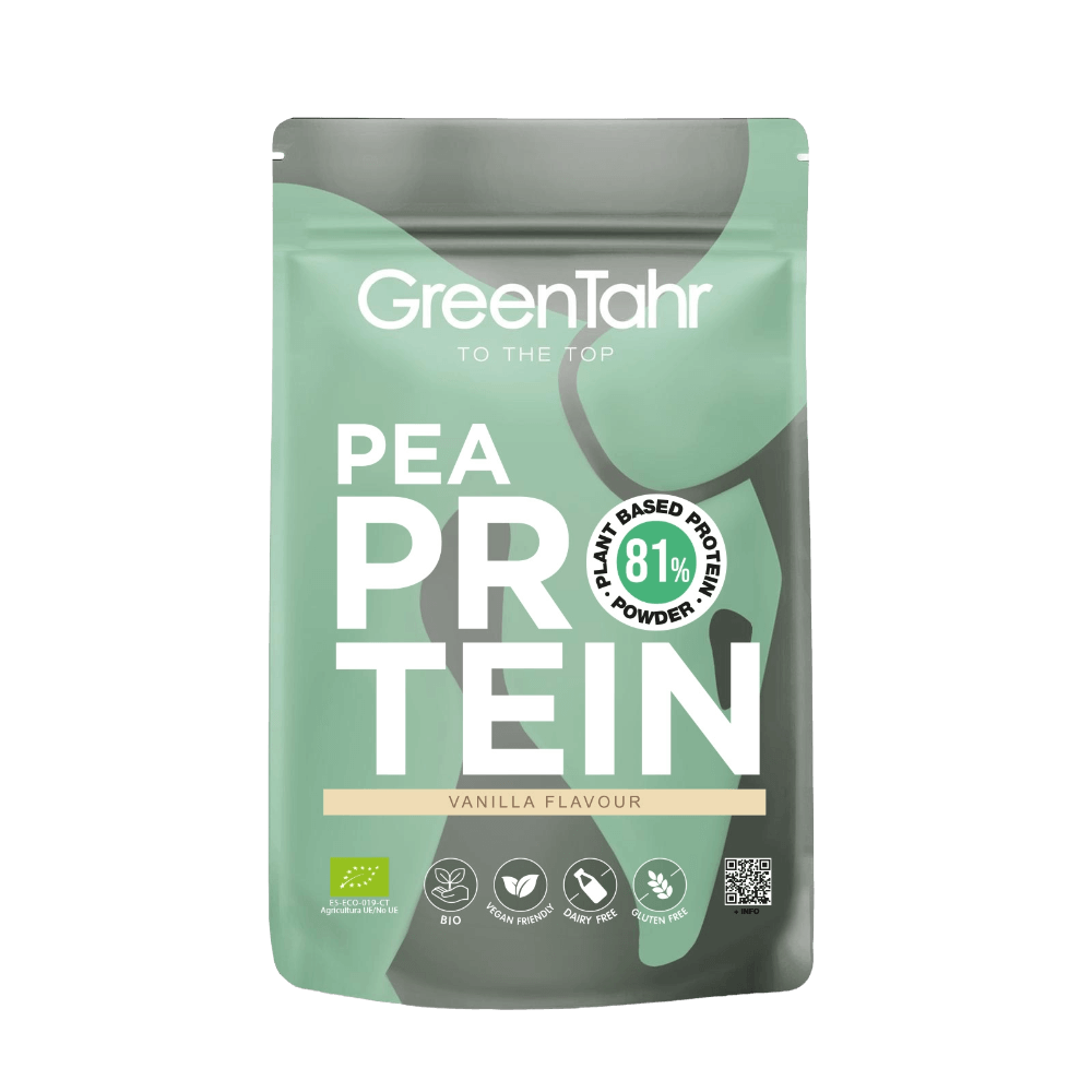 GreenTahr pea protein powder package on a white background