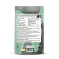 Back view of a green pet food packaging with text and a barcode on a white background