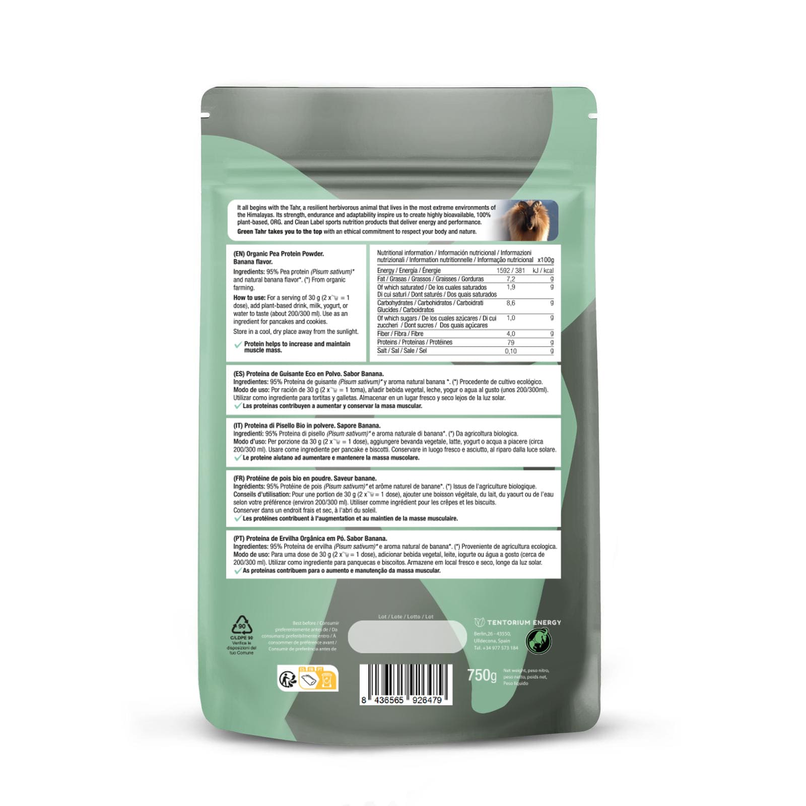 Back view of a green pet food packaging with text and a barcode on a white background