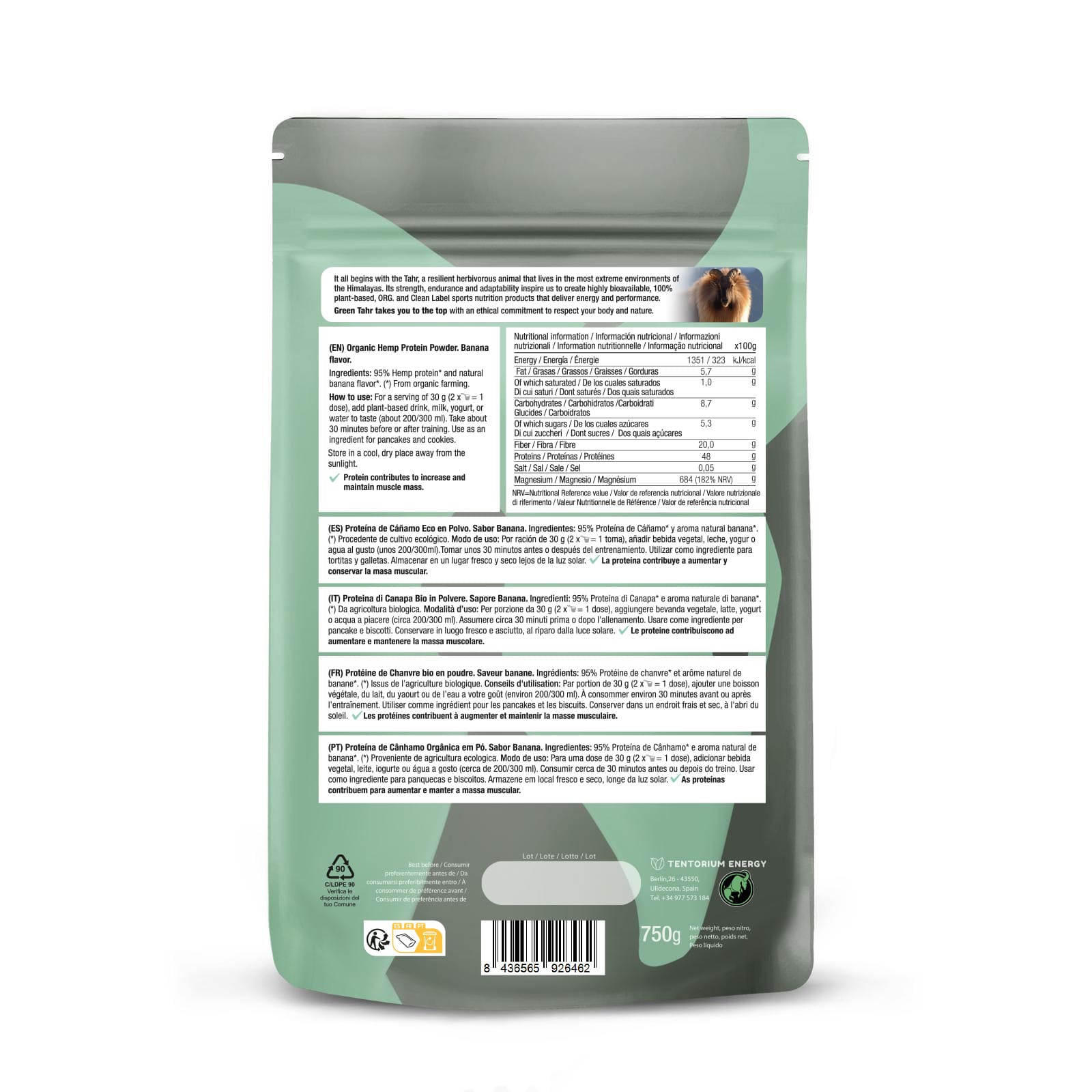 Back view of a green and gray package with text and a barcode on a white background