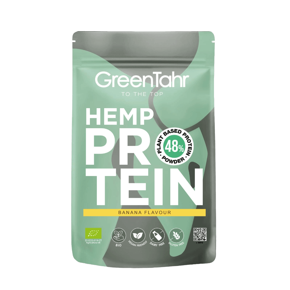 GreenTahr hemp protein powder package with banana flavor on a black background