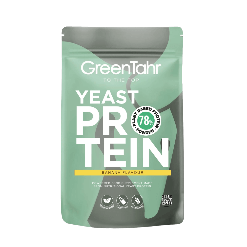 GreenTahr Yeast Protein package with banana flavor on a black background
