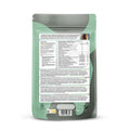 Back view of a green pet food packaging with text and a barcode on a white background