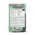 Back view of a green pet food packaging with text and a barcode on a white background