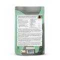 Back view of a green pet food packaging with text and a barcode on a white background