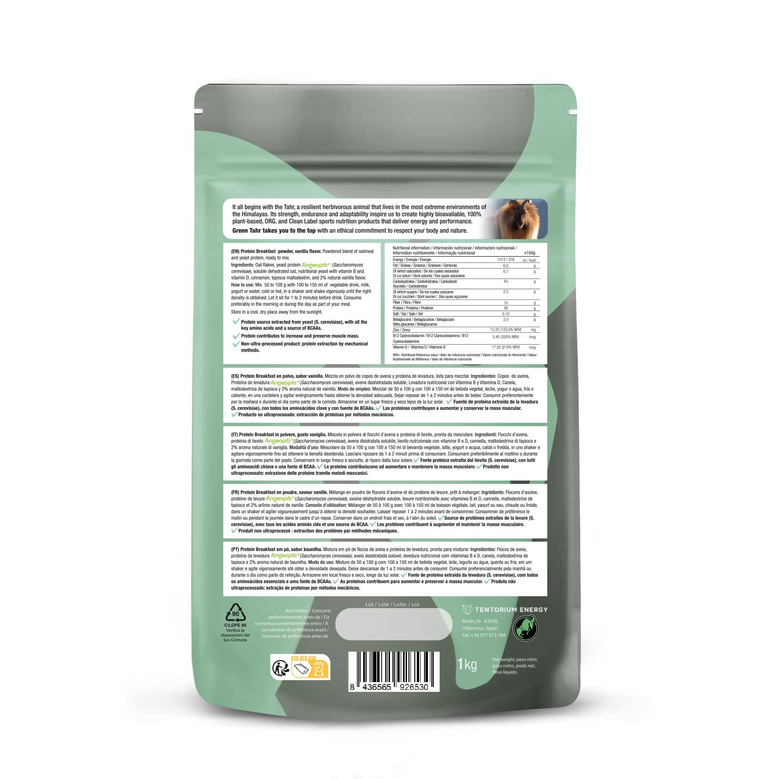 Back view of a green pet food packaging with text and a barcode on a white background