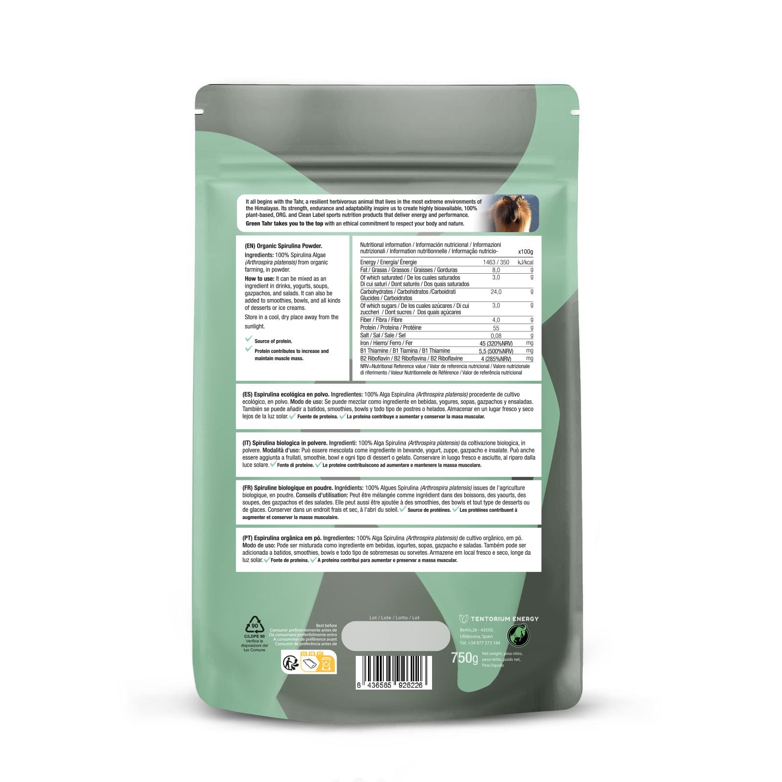 Back view of a green and gray package with text and a barcode on a white background