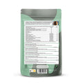 Back view of a green pet food packaging with nutritional information on a white background